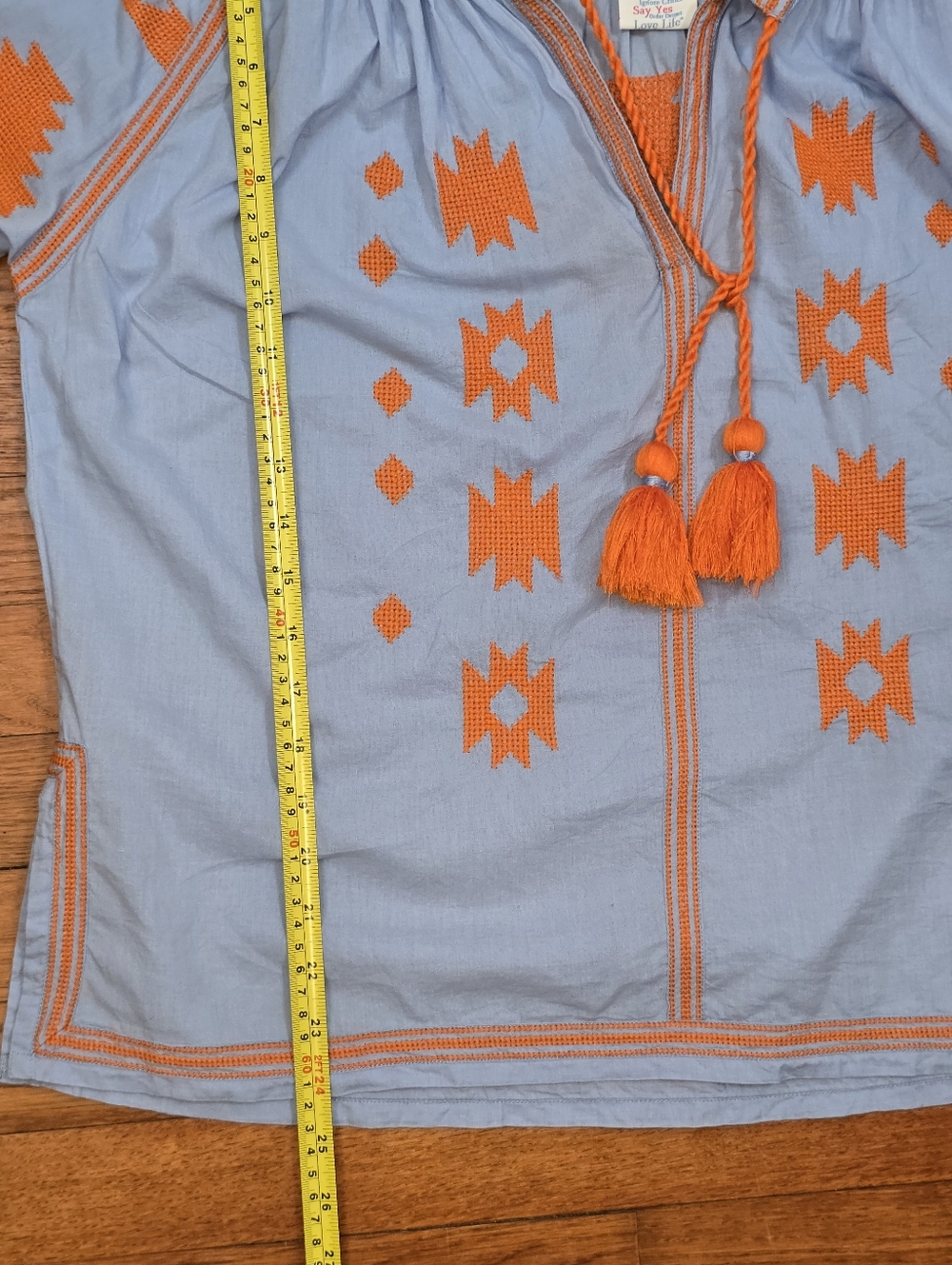 Gretchen Scott Montezuma Tunic Light Blue Orange Embroidered Cotton Boho Top XL - Picture 12 of 14